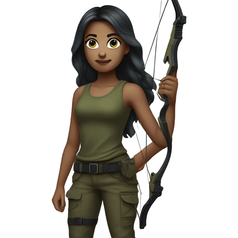 girl armed with bow and arrow, long dark hair, blue eyes, light skin, army green cargo pants, black tank top, black combat boots emoji