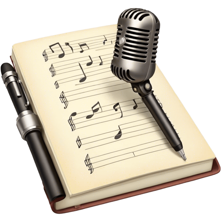 Create an emoji representing songwriting. The design should feature an open notebook or sheet music with visible lyrics and musical notes, symbolizing the process of writing song lyrics. A pen or pencil should be placed near the notebook, indicating active writing. Optionally, include a vintage microphone or a quill to add a creative touch. Use a harmonious color palette with warm and neutral tones. Do not include any emojis or smiley faces. Make the background transparent. emoji