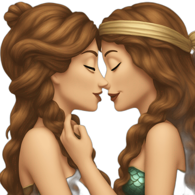 Brown haired mermaid and woman pirate kissing emoji