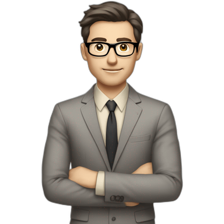 Full height Pale skinned Fit Man With dark brown hair in classic gray suit, beige office shirt, dark gray tie, and vintage glasses. His hands lock emoji