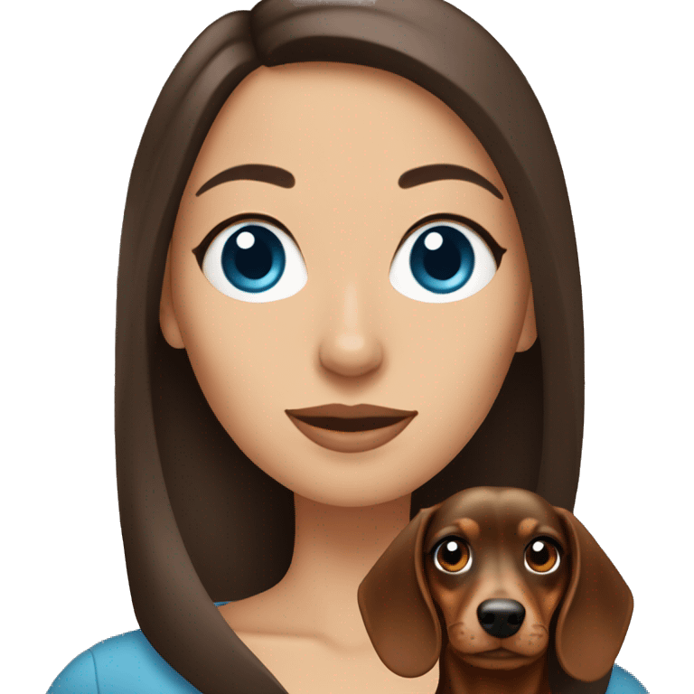 Brunette Woman with blue eyes holding a mini dachshund emoji