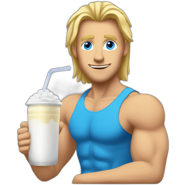 Man with shoulder length blonde hair and blue eyes with muscles sitting in front of computer and a protein shake emoji