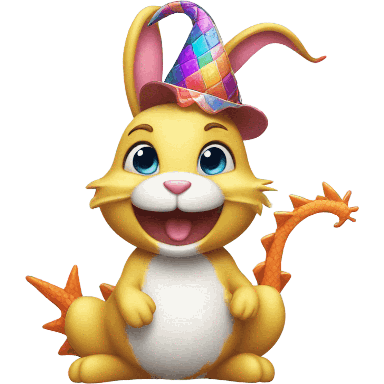 Cute bunny partying with a water dragon  emoji