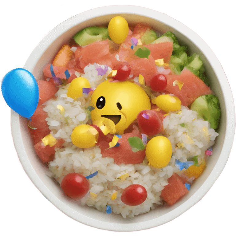 Poke bowl with balloons and confetti emoji