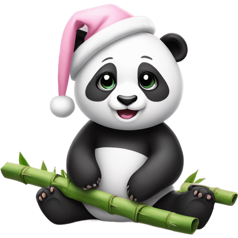 panda with pastel pink christmas hat eating bamboo emoji