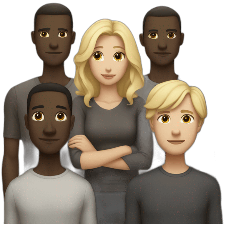 six dark-skinned men stand behind a pale blonde woman emoji