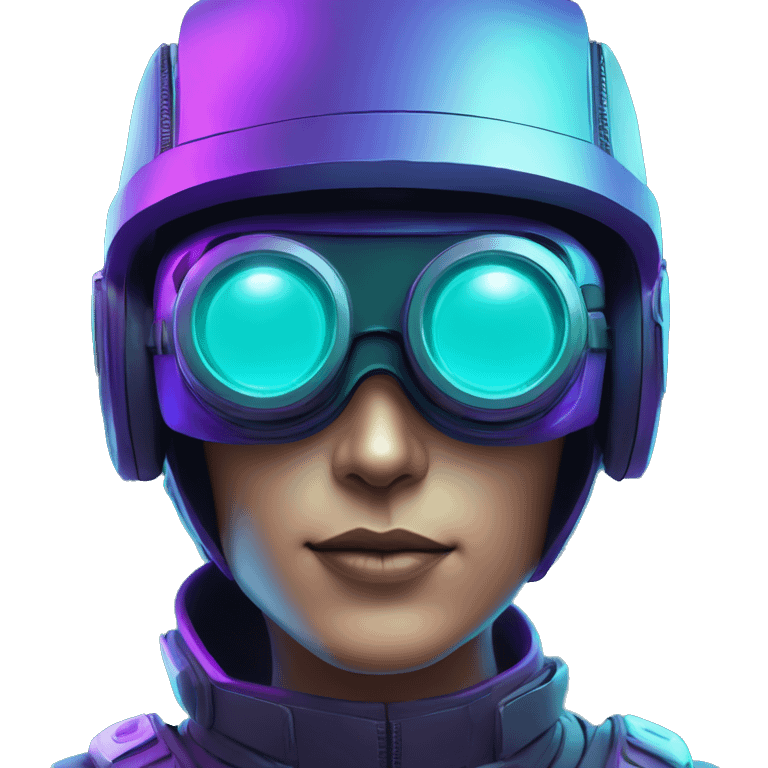 Secret human agent in a futuristic hat with in Apple VR goggles headset code display on the goggles , cyberpunk, cyan and purple colors, only upper body portrait, front facing the camera  emoji