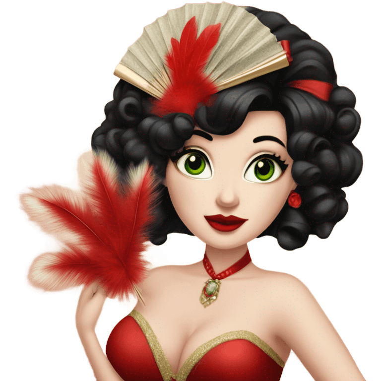 Burlesque dancer with black hair, pale skin, and green eyes in a red vintage costume holding red feather fans emoji