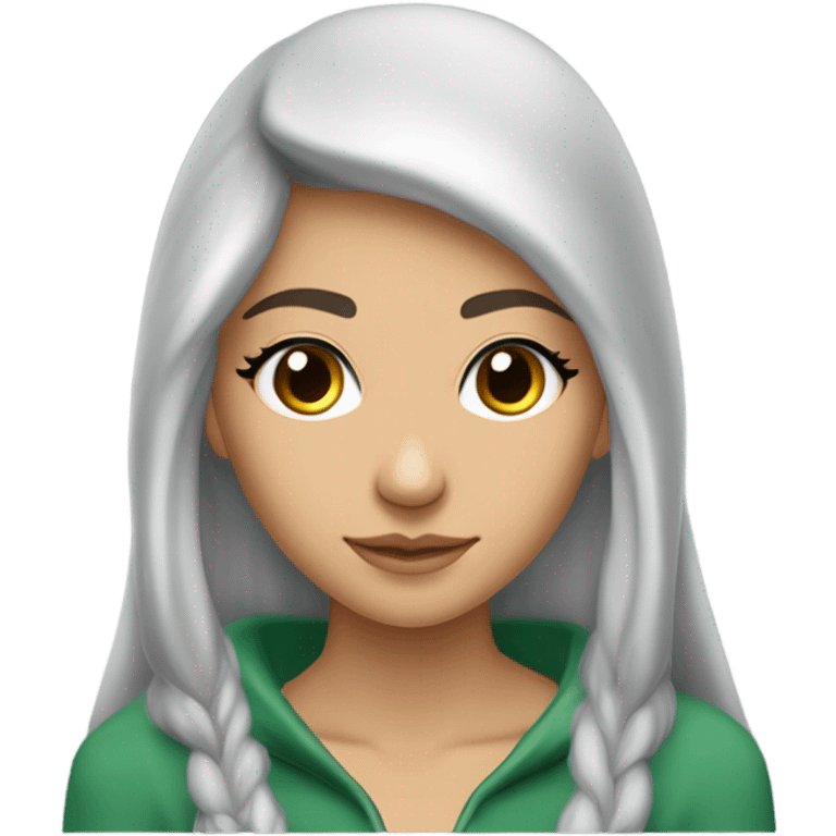 Jeune femme Elf de 18 ans avec de longs cheveux dans le dos et des mèches sur le visage, les cheveux gris clair, les yeux émeraude, une veste à capuche, une lance, qui manipule le vent, un regard de confiance emoji