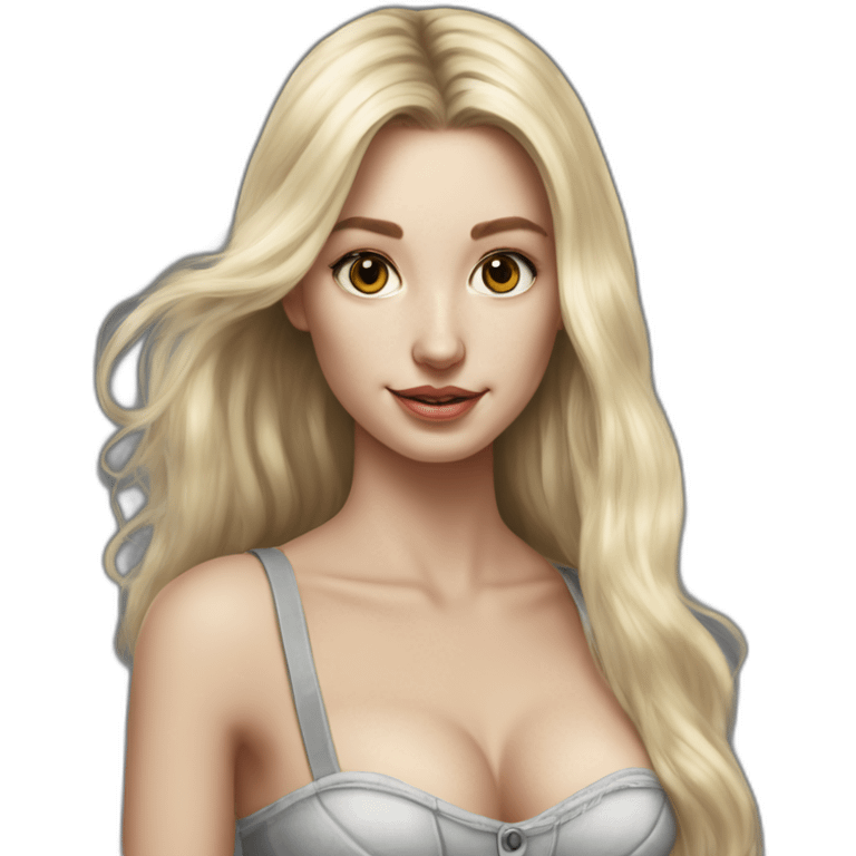 caucasian straight long haired blonde, white bustier, tight grey mini skirt, hyperrealist drawing emoji