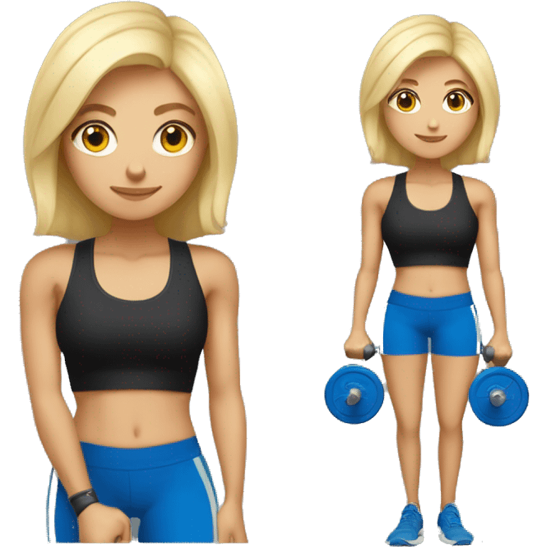 blonde woman working out with a black tank top and a blue shorts holding a dumbbell emoji