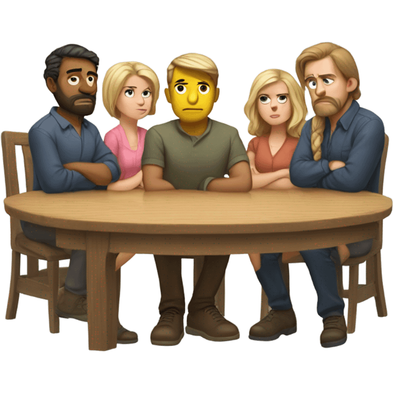 6 Caucasian people sitting around a table looking unhappy emoji