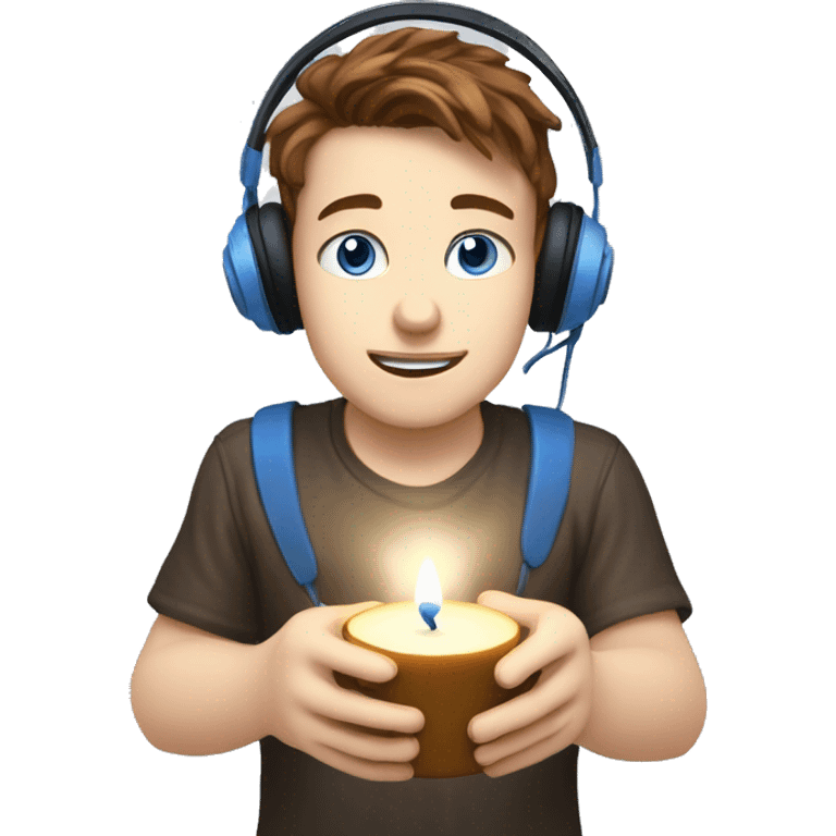 white boy with brown hair, blue eyes, with gamer headset, lightning a candle emoji