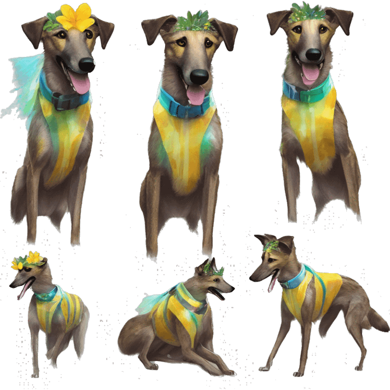  brindle brown black maroon striped lurcher Alsatian fox running blue eyes and iridescent holographic oilslick harness wearing paper iridescent tropical flower crown yellow caution tape emoji