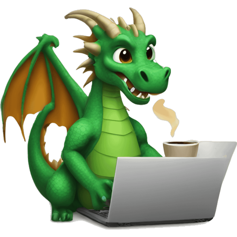 dragon on a laptop, wearing a hump day shirt, with a cup of coffee in hand emoji