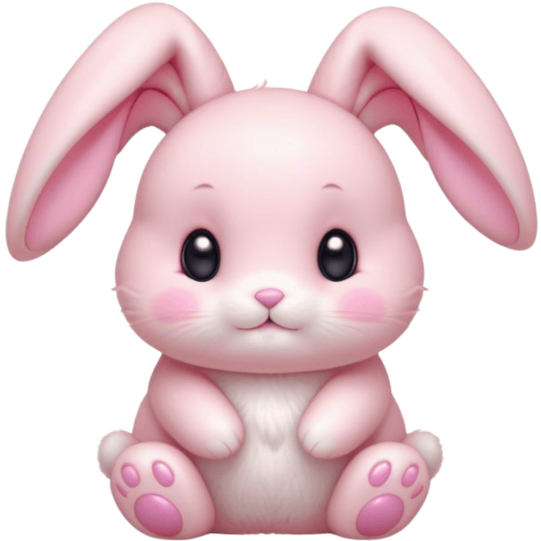 Cinematic adorable pastel pink bunny, chubby cheeks, tiny paws, sparkling round eyes, soft fur with a gentle glow, slightly tilted head, wearing a tiny bow, irresistibly cute and heartwarming. emoji