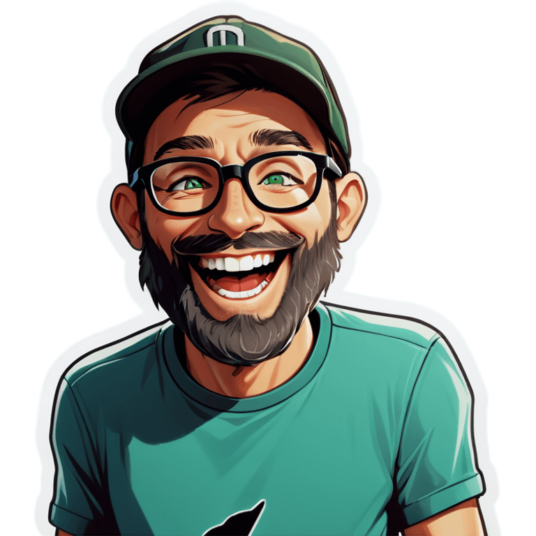 A man with a grey baseball cap, green eyes, big dark brown beard and glasses, laughing emoji