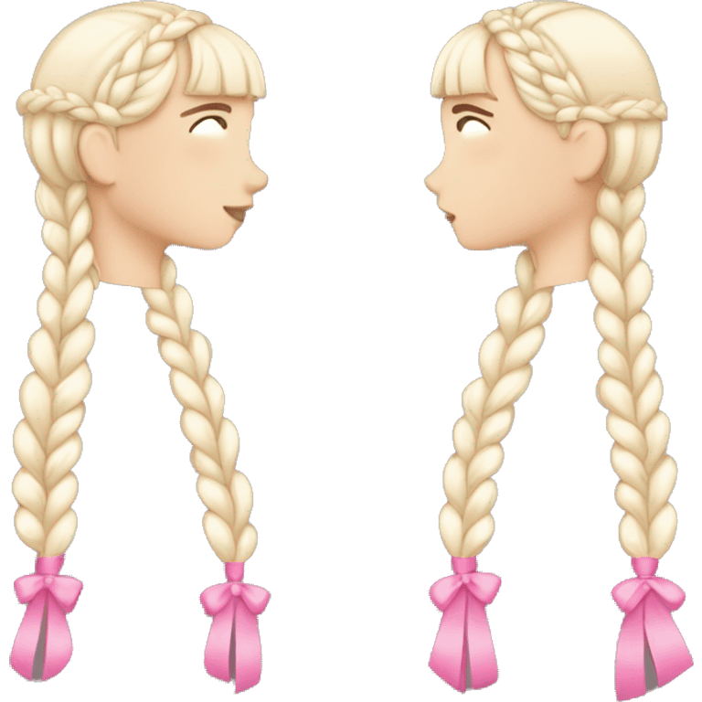 A white girl wearing white T-shirt with two braids and bangs with pink ribbon bow on each braid emoji