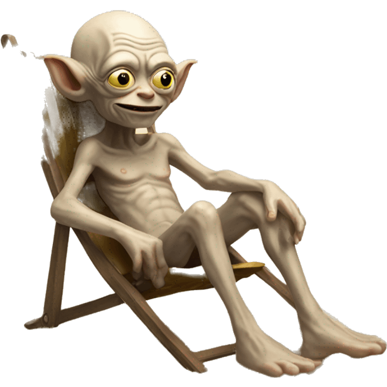 Gollum sitting on a sun chair in the sand emoji