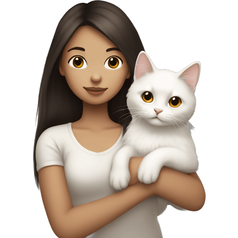 Dark brown straight hair girl holding fluffy white cat  emoji