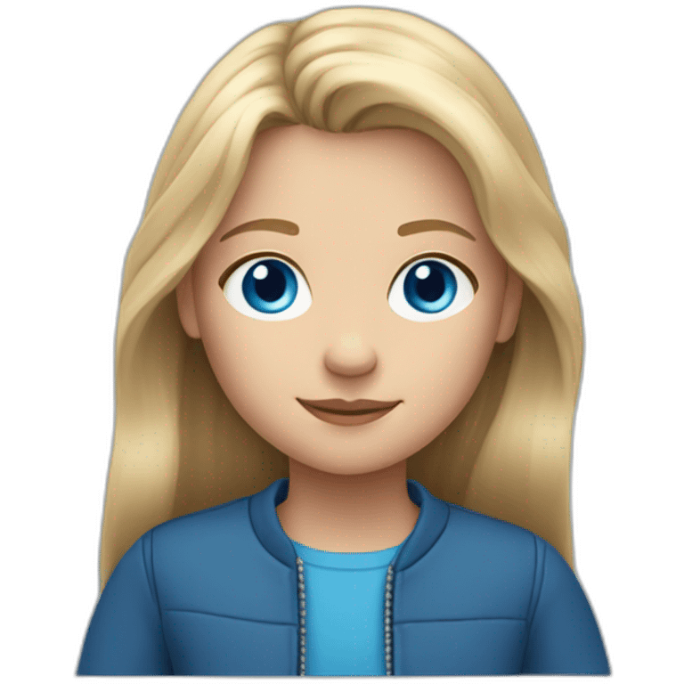 Girl 10 years old. Long blond hair. Blue jacket, big blue eyes. emoji