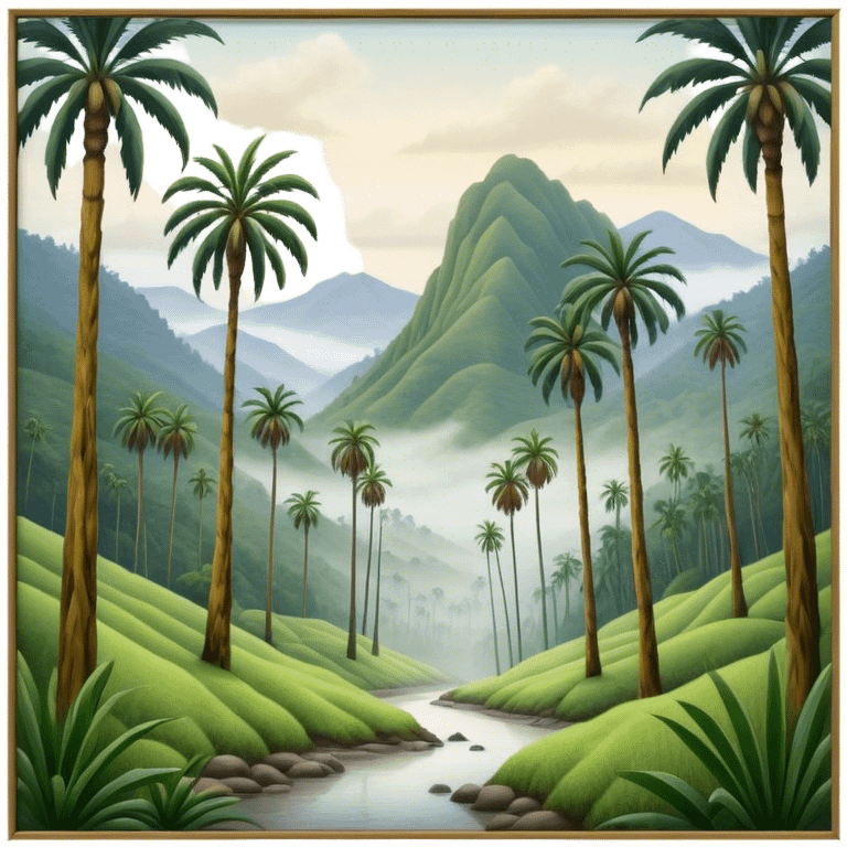 Cinematic Realistic Cocora Valley Landscape Emoji, depicted with towering wax palm trees in a lush, misty valley rendered with rich textures and dynamic, natural lighting. emoji