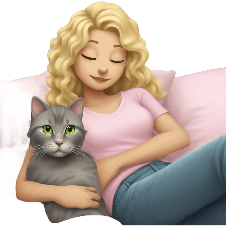 Grey cat with a blonde girl with curly hair and green eyes in light pink shirt relaxing on a bed emoji