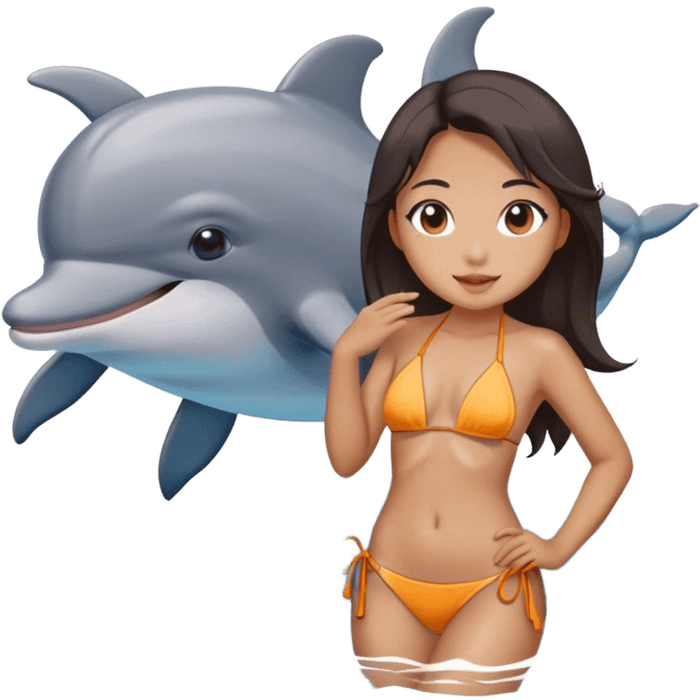 a chinese girl wearing bikini in front of a dolphin emoji