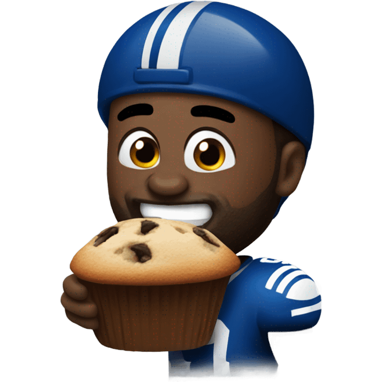 Black man with beard while wearing Colts football helmet eating a chocolate chip muffin emoji