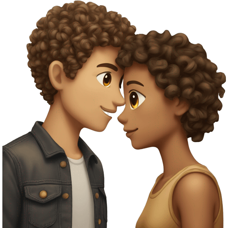 curly hair boy with brown hair and skin kissing curly hair girl with brown hair and tan skin emoji