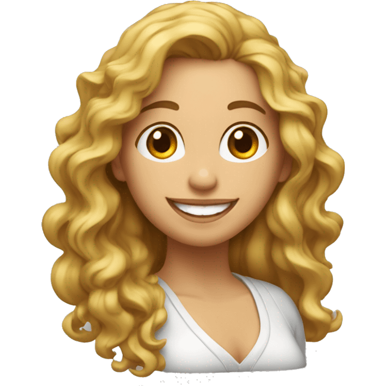 Mujer blanca con pelo rizado y largo y una gran sonrisa emoji