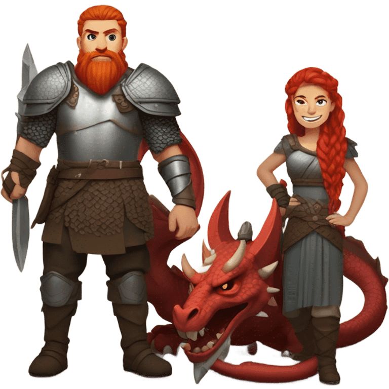 Viking red head beautiful  dragon queen with a slain Viking solder with a man bun laying down on a dragon  emoji