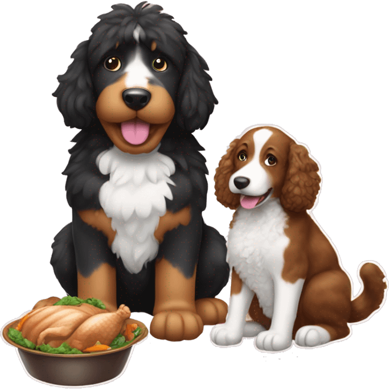 A cat and bernedoodle eating turkey emoji