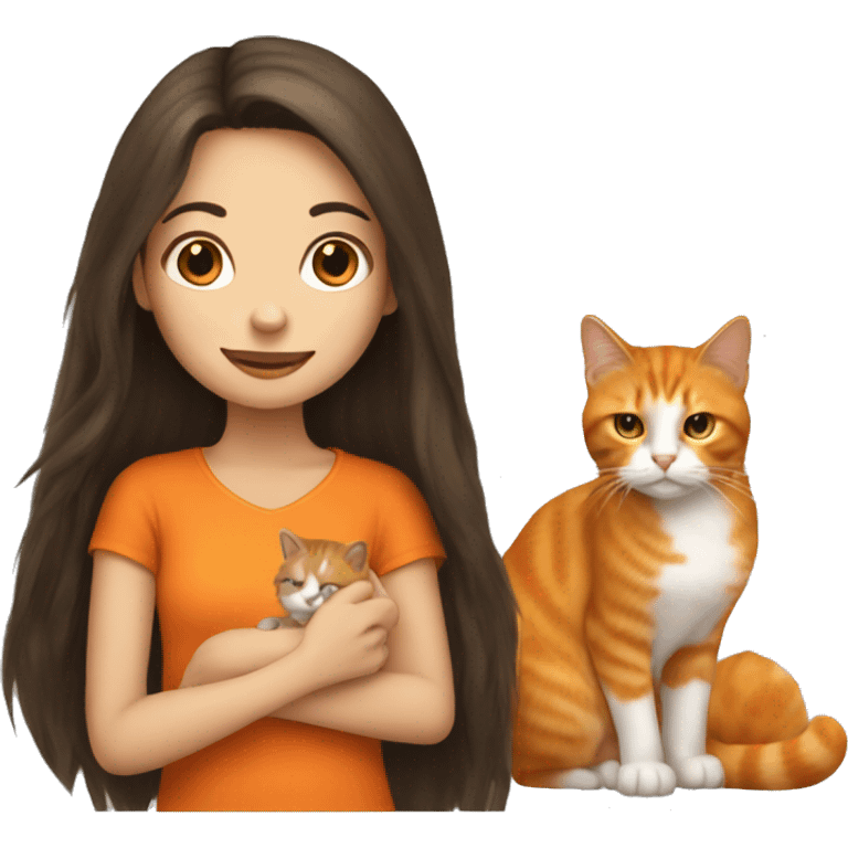 long haired brunette girl holding orange cat emoji