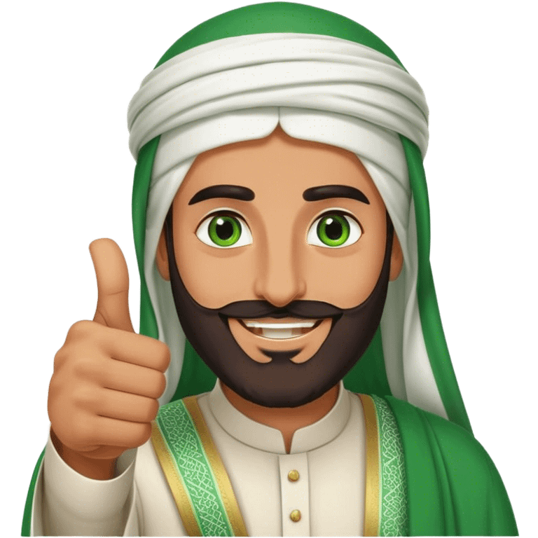 Tanned Arab Saudi man with green eyes and a beard, wearing traditional attire, smiling and giving a big thumbs-up emoji