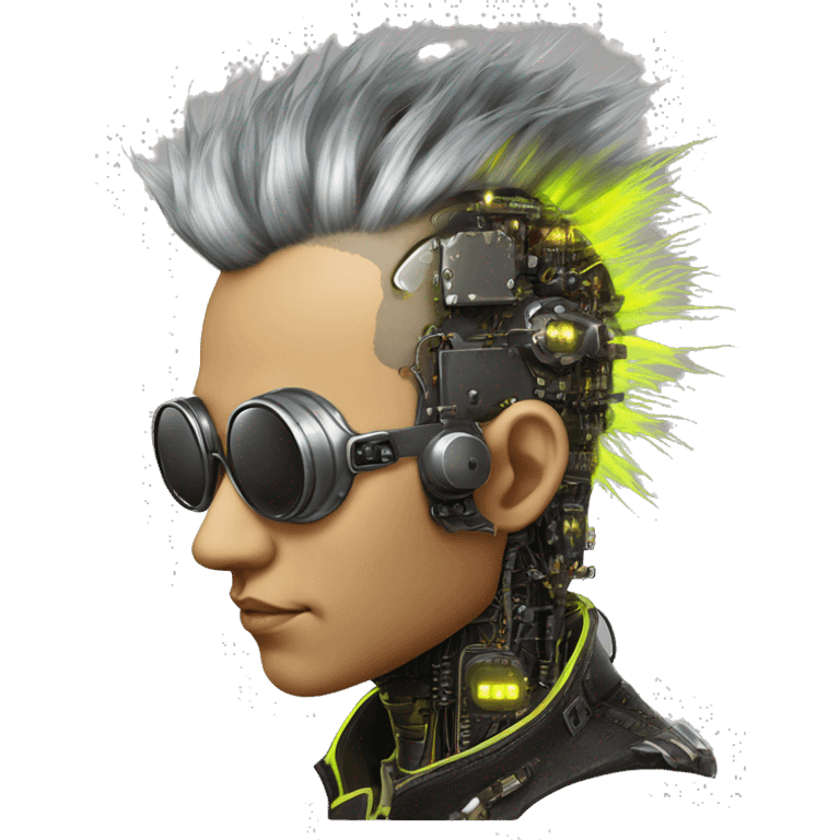 Neon yellow Mohawk hair Asian male cyborg head with silver steampunk goggles and circuits emoji