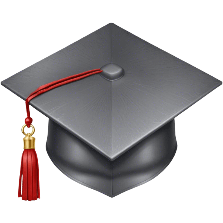 "A sturdy dark gray graduation cap (mortarboard) with a metallic texture, representing engineering. Instead of a traditional tassel, a small red gear charm hangs from one corner, symbolizing mechanics and innovation. The cap has a slightly rugged, industrial look, with subtle rivets or technical engravings along the edges. The background is plain white emoji