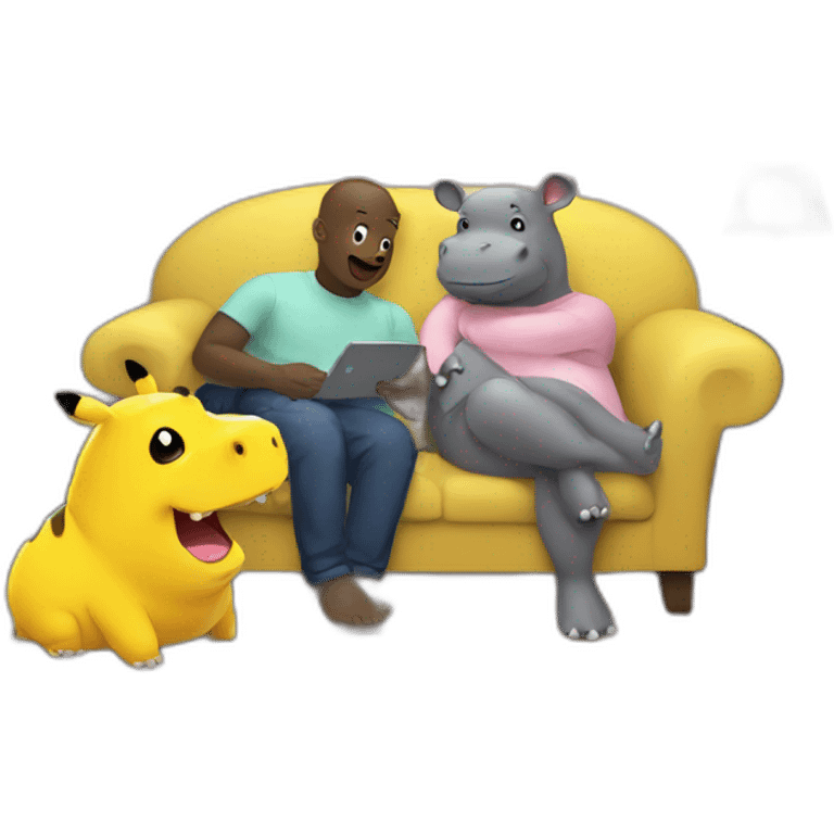 hippo and pikachu watching TV in sofa emoji