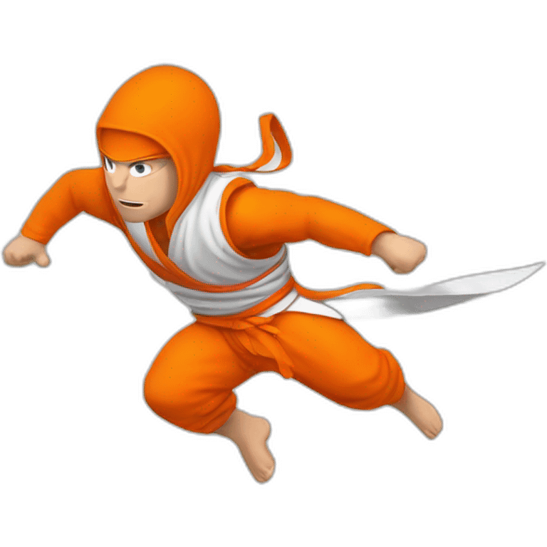 male Ninja Warrior athlete in orange white cloths, captured mid-air emoji