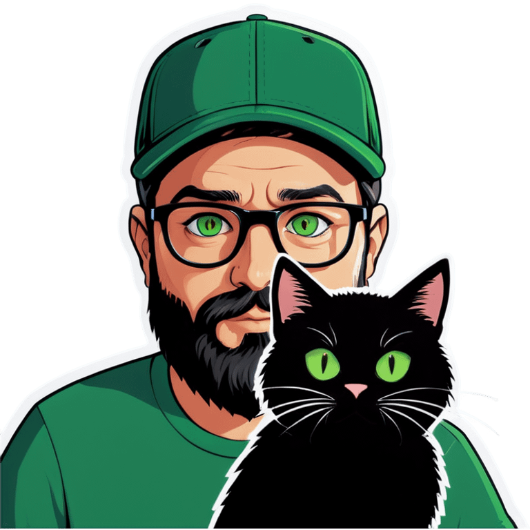 A bold man with a grey baseball cap, green eyes, big beard and glasses holding a black cat emoji