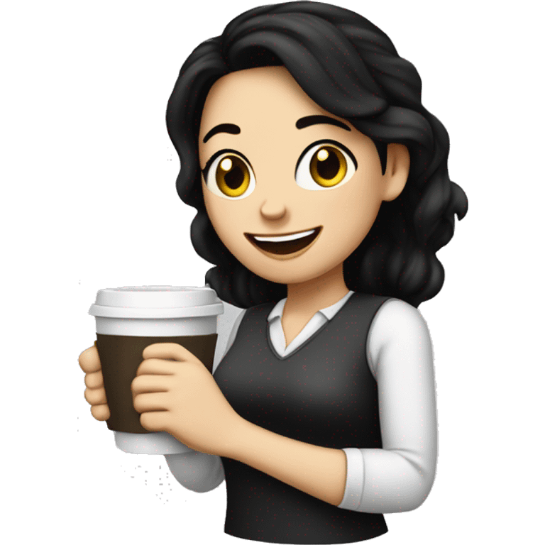 White girl with black hair and a coffe cup on the hand and smiling  emoji