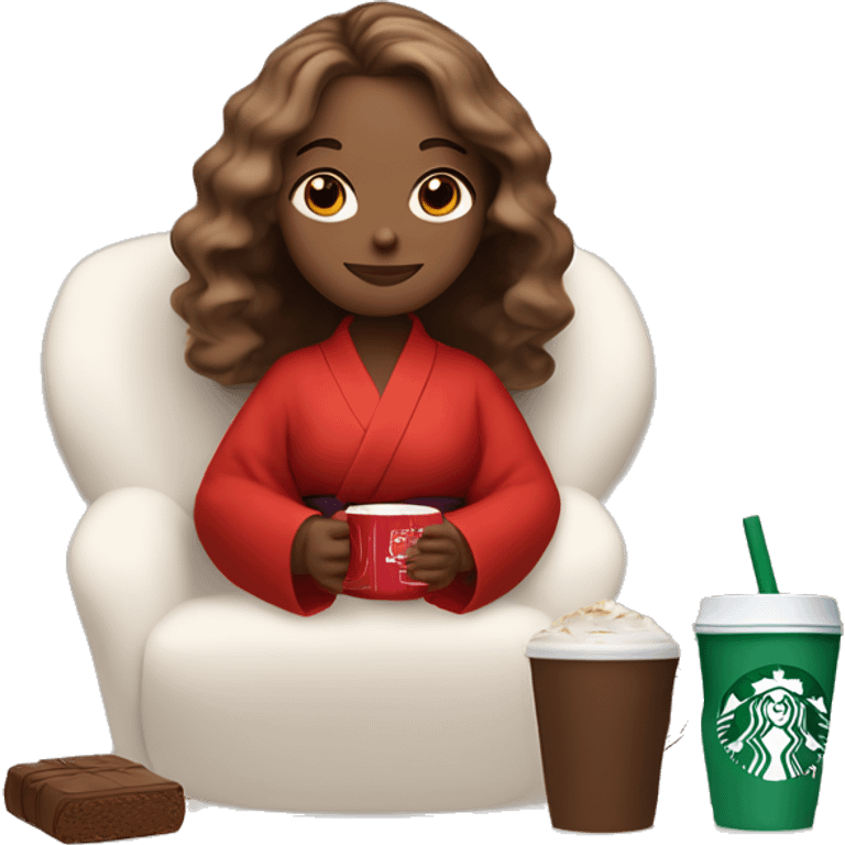 a girl with light brown hair and a beautiful dyson hairstyle is sitting in a red silk robe with her eyes closed and with a white Starbucks cup with cocoa at her mouth and drinking emoji