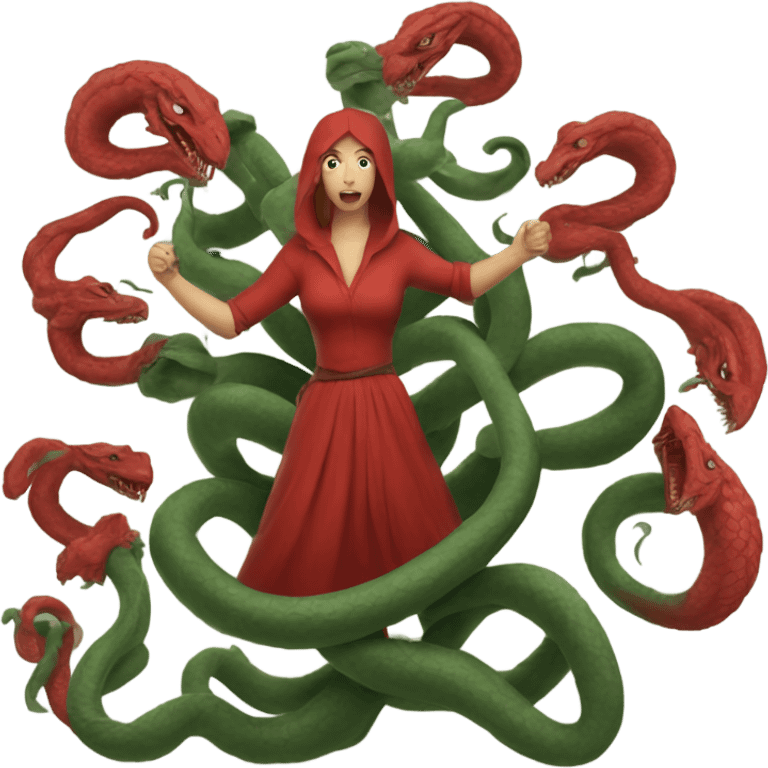 woman in red riding a a hydra with six heads emoji