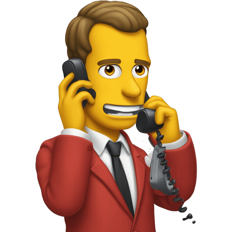 Macron in simpson style dressed as camrom red outfit making a phone call on a flip phone emoji