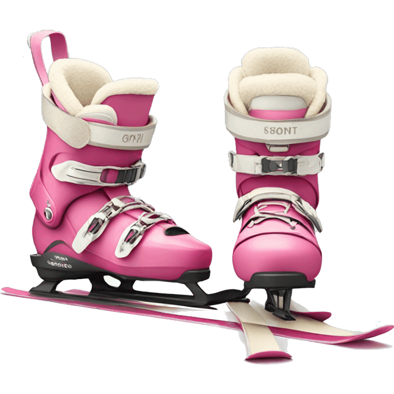 Pink ski boots and cream standing skis behind boots emoji