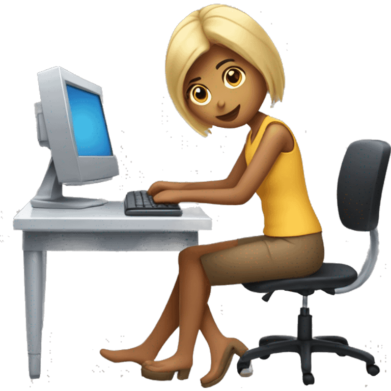 Chica trabajando en la computadora, pelo corto castaño  emoji