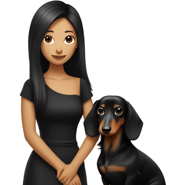 Long-haired dachshund with black-haired Asian girl wearing black dress emoji