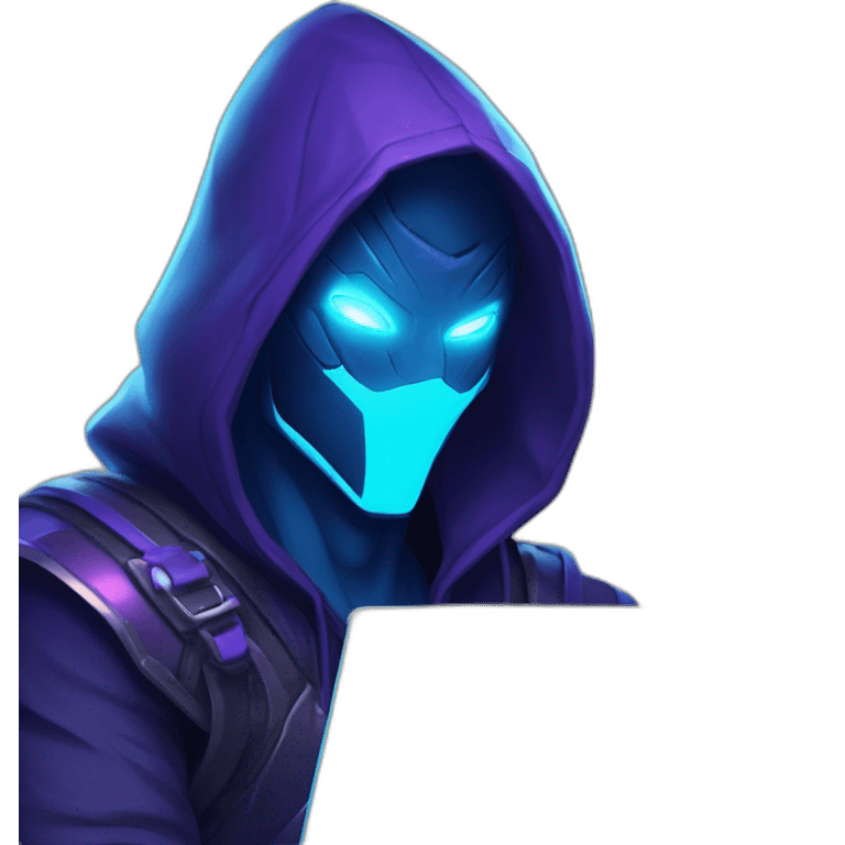 developer behind his laptop with the style of Riot Games Valorant neon blue eyes glowing bright blue Video game character blue purple hooded assassin themed character shrouded wraith emoji