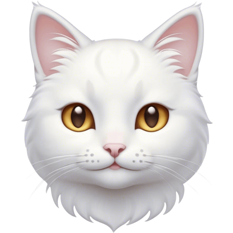 Cinematic Cute White Cat Portrait Emoji, Head tilted with a soft, gentle smile and sparkling eyes, featuring a silky, pristine white fur with subtle silver highlights, simplified yet irresistibly adorable, highly detailed, glowing with a warm, snowy glow, high shine, radiating affectionate charm and tender grace, styled with a light, playful outline, capturing the essence of a cute white cat that looks as if it could melt your heart with a single blink! emoji