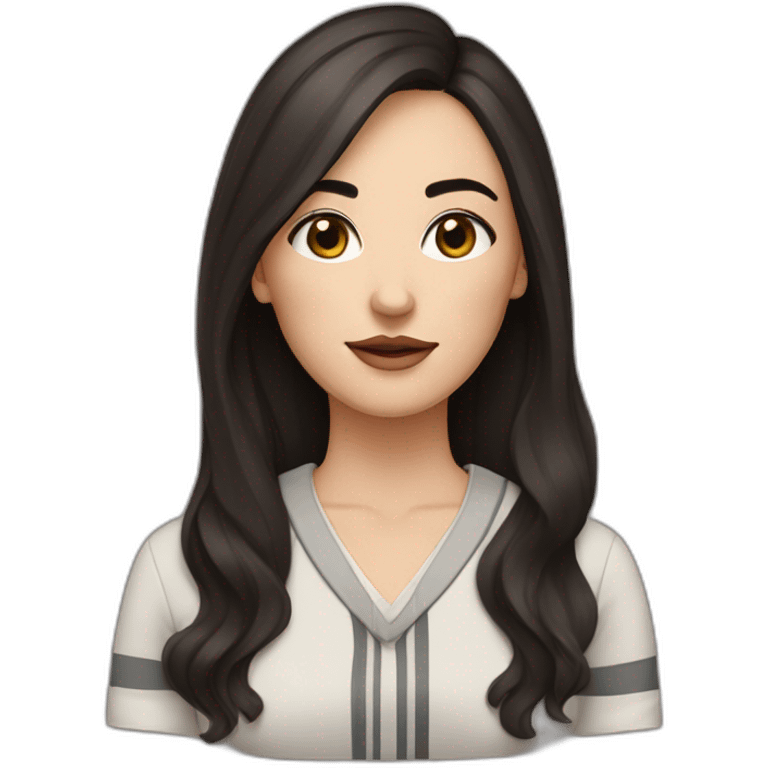 White women with long dark brown hair and long eyelashes dark brown eyes and thick dark brown eyebrows with the black dog with a white stripe on the neck and ears raised up emoji